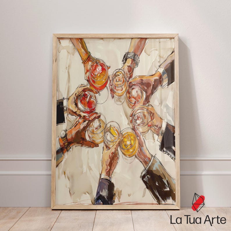 K&ouml;nnte beinhalten: Ein gerahmter Kunstdruck, der eine Gruppe von H&auml;nden zeigt, die zum Ansto&szlig;en erhoben sind und jeweils ein Glas mit bernsteinfarbener und orangefarbener Fl&uuml;ssigkeit halten. Die Illustration zeigt sichtbare Pinselstriche, dunkle &Auml;rmel und Armbanduhren.