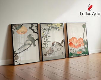 Vintage Japanese Bird and Flower Art Print Set: Japandi Nature Wall Decor