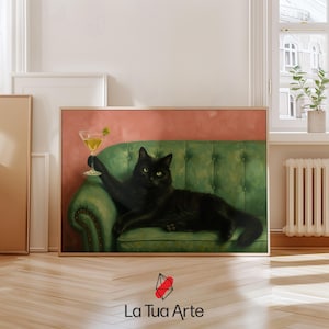 Black Cat Martini Wall Art, Vintage Retro Cat Print, Vintage Wall Art, Moody Wall Art, Retro Wall Art, Cocktail Art Bar Cart Decor