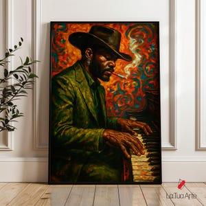 Jazz Cowboy Playing Piano Poster, Abstract Musician Wall Art, Vintage African American Man Print, Colorful Painting, Western Piano Art