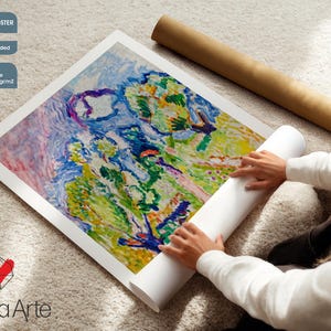 May include: An unframed art print with a colorful abstract landscape painting. The print is on enhanced matte photo paper. The artwork is being unrolled, with a rolled-up poster tube in the background. The text "UNFRAMED POSTER" is visible.