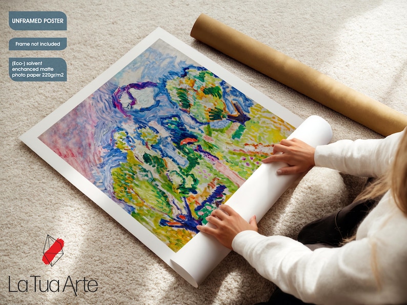 May include: An unframed art print with a colorful abstract landscape painting. The print is on enhanced matte photo paper. The artwork is being unrolled, with a rolled-up poster tube in the background. The text "UNFRAMED POSTER" is visible.