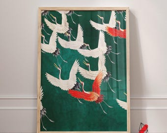 Emerald Green Japanese Crane Print: Vintage Japandi Wall Art