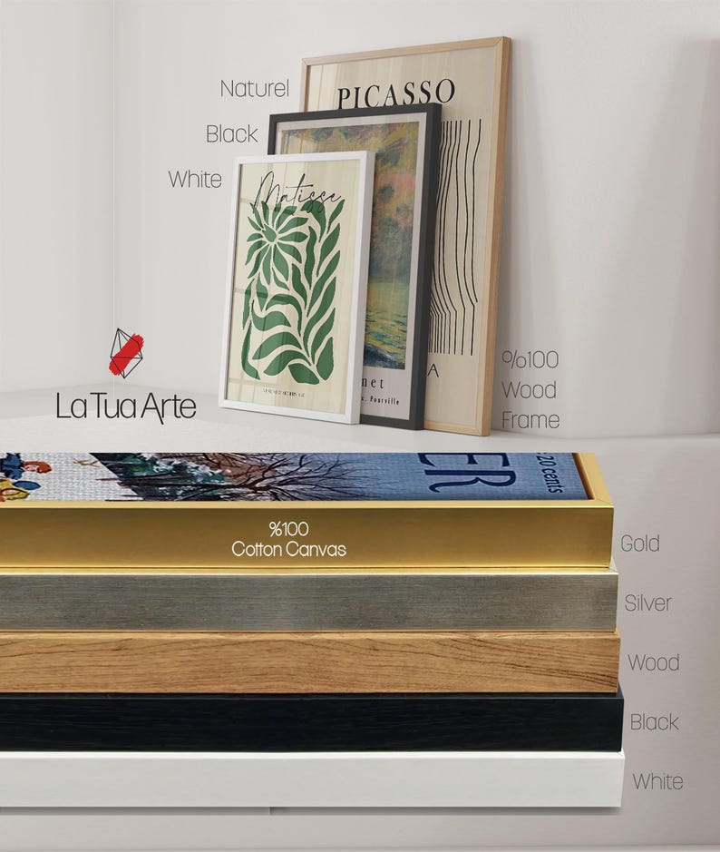 May include: Art prints with the names "Matisse" and "Picasso" in various frame styles. The frames are available in white, black, and natural wood. The image also shows a gold-framed canvas print. The text "La Tua Arte" is visible.