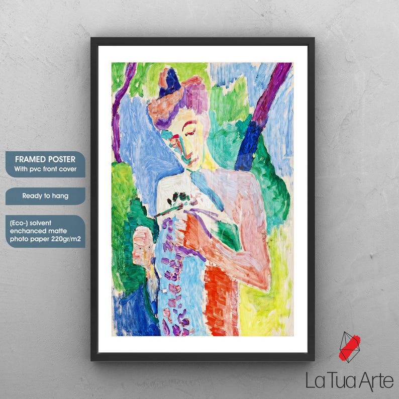 May include: Framed poster featuring a colorful abstract painting of a person holding a flower. The artwork uses a vibrant palette of blues, greens, reds, and yellows. The frame is black, and the poster is ready to hang.