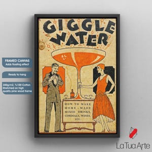 Giggle Water Vintage Poster: Retro Art Deco Bar Print Black Framed Canvas
