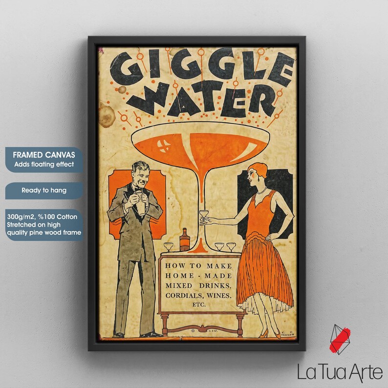 Giggle Water Vintage Poster: Retro Art Deco Bar Print Black Framed Canvas