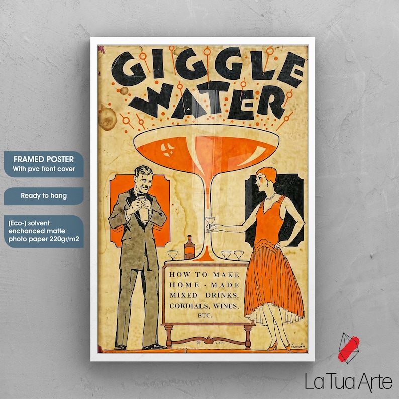 Giggle Water Vintage Poster: Retro Art Deco Bar Print White Framed Poster