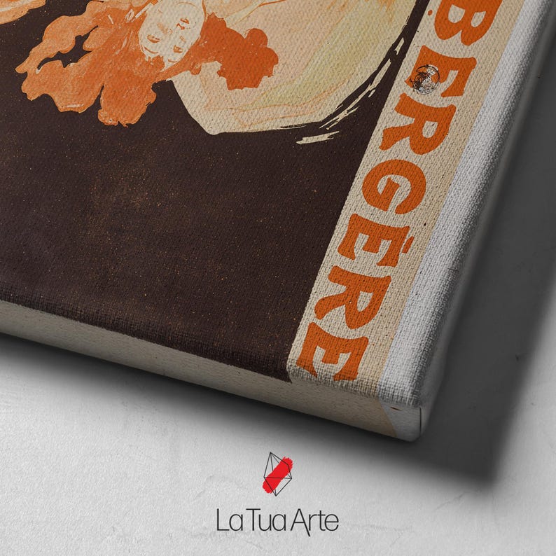 May include: Close-up of a canvas print featuring a vintage advertisement. The artwork has a brown background with orange and cream-coloured accents. The word "BERGERE" is printed vertically in orange.