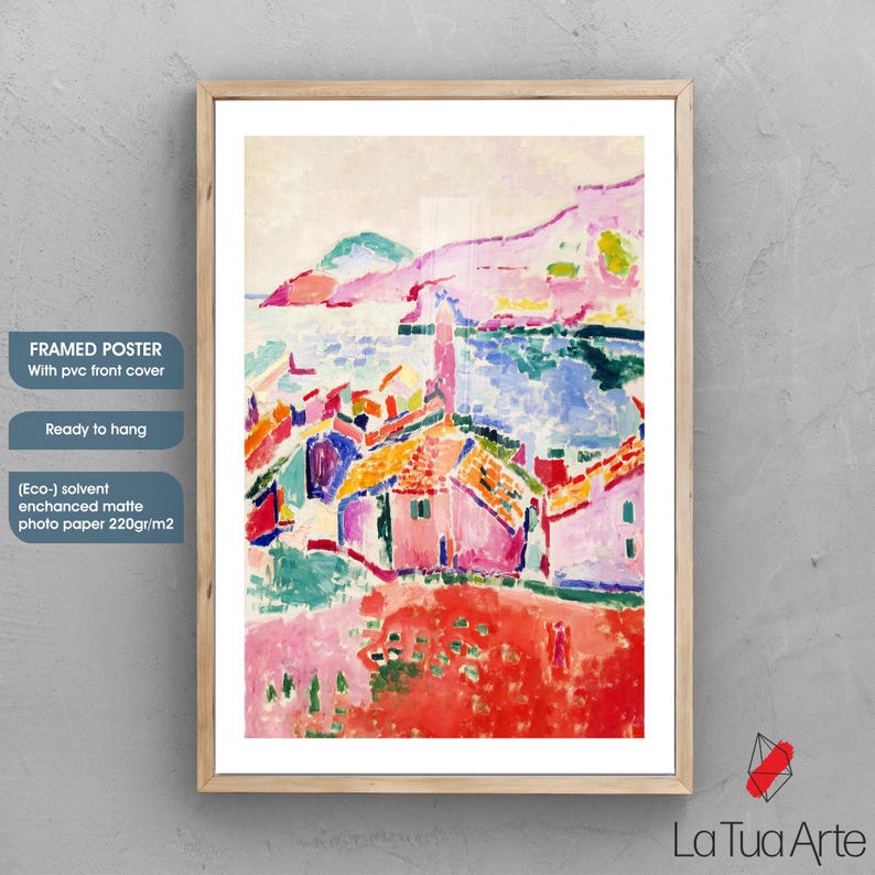May include: Framed poster with a colorful abstract landscape painting. The artwork features a village scene with red, pink, and orange rooftops, set against a backdrop of blue water and green hills. The poster is ready to hang and has a matte finish.