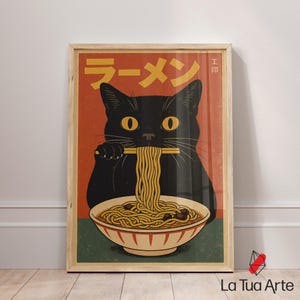 Vintage Cat Eating Ramen Wall Art, Black Cat Kitchen Decor, Japanese Wall Art, Funny Cat Print, Japanese Vintage Wall Art, Cat Lovers Gift