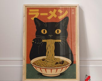 Vintage Japanese Cat Ramen Poster, Funny Kitchen Art
