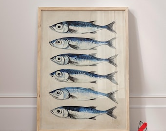 Vintage Sardine Painting: Coastal Kitchen Still Life, Nautical Wall Art