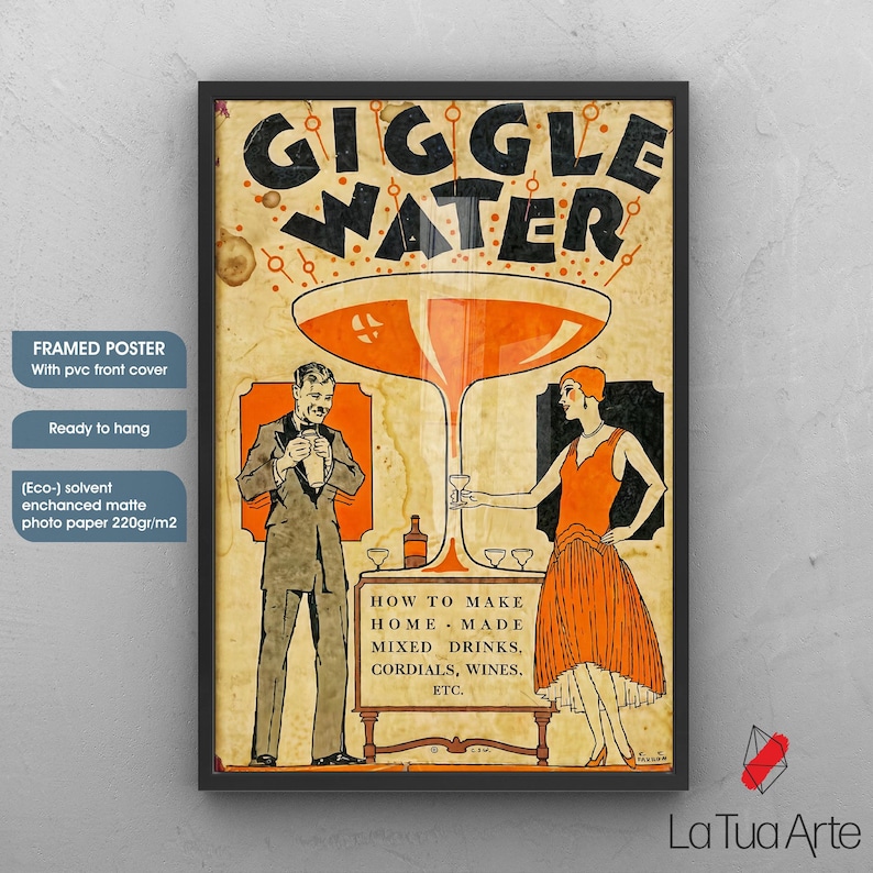 Giggle Water Vintage Poster: Retro Art Deco Bar Print Black Framed Poster