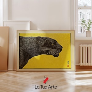 Vintage Japanese Black Panther Poster, Japanese Woodblock Print, Minimalist Wild Cat Art, Japanese Wall Art, Japandi Wall Art, Gift Idea