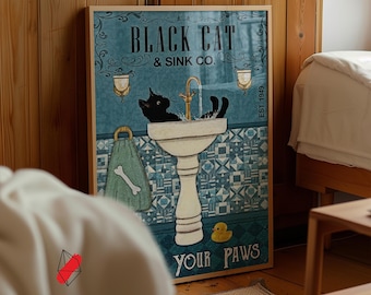 Black Cat Wash Paws Print: Vintage Bathroom Art, Funny Cat Lover Gift