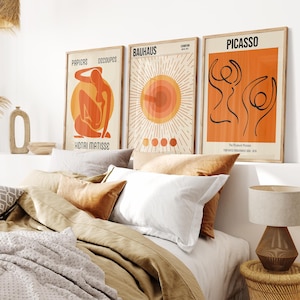Set of 3 Orange Henri Matisse, Picasso, and Bauhaus Prints, Modern Abstract Wall Art, Aesthetic Wall Art, Gallery Wall Set Prints, Gift Idea