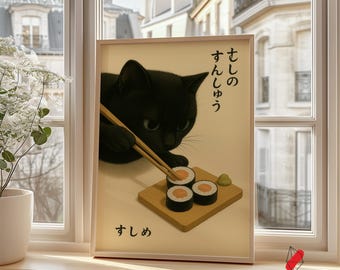 Sushi Cat Art Print: Kawaii Japanese Black Cat Poster