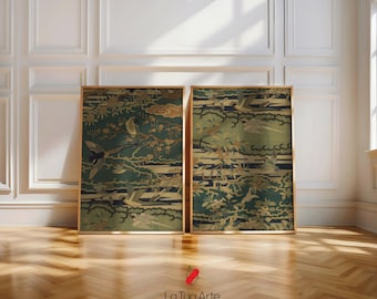 Chinoiserie Tapestry Art Print Set: Vintage Oriental Bird & Floral Wall Decor