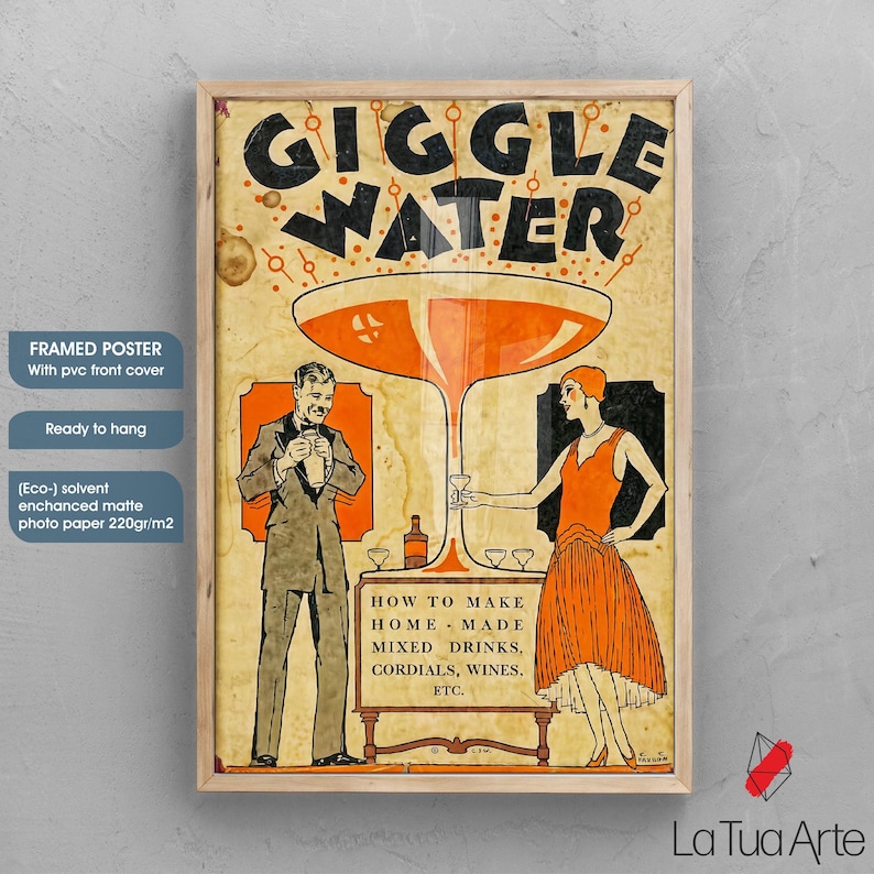 Giggle Water Vintage Poster: Retro Art Deco Bar Print Natural Frame Poster