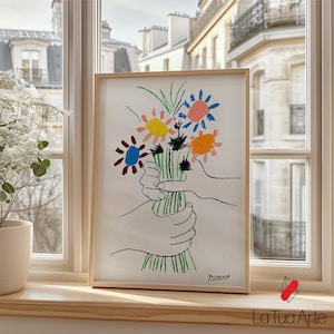 Pablo Picasso Line Art Flowers Bouquet Print, Bouquet of Peace Poster, Colorful Abstract Flower Wall Art, Museum Exhibition Poster, Picasso