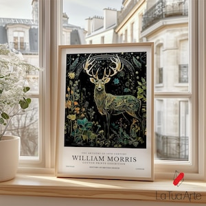William Morris Botanical Deer Art Print, Woodland Stag Wall Decor, William Morris Wall Art, Vintage Animal Wall Art, Large Wall Decor