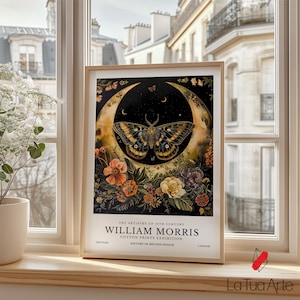 Moon And Moth Botanical Art Print, William Morris Celestial Poster, William Morris Print, Gold And Black Nature Print, Dark Academia