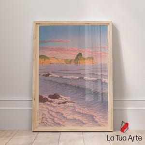 Japanese Seascape Wall Art, Japanese Woodblock Print, Morning Sea at Shiribeshi by Kawase Hasui, Japanese Wall Art, Pink Ocean Waves Print