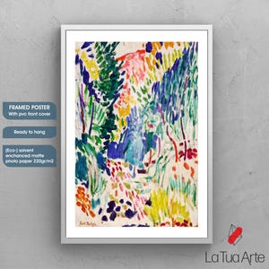 May include: Framed poster with a colorful abstract landscape painting. The artwork features a vibrant mix of green, blue, yellow, and red brushstrokes, framed in a white border. The text on the poster reads "FRAMED POSTER" and "Ready to hang."
