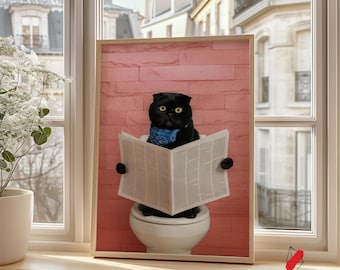 Black Cat on Toilet Print: Funny Bathroom Wall Art
