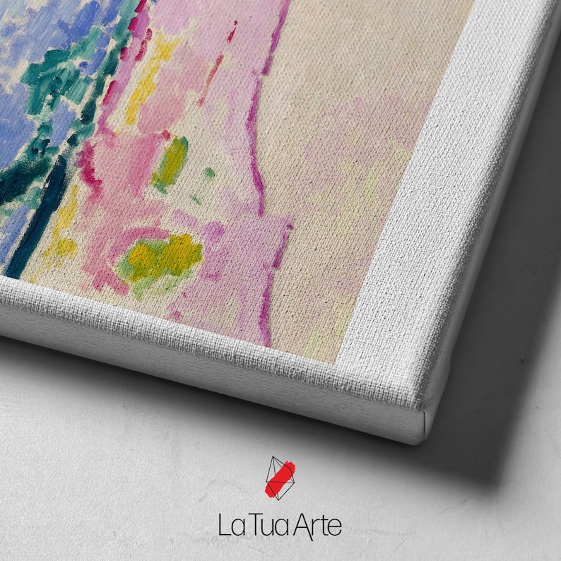 May include: Close-up of a canvas print featuring an abstract painting with a palette of pink, blue, yellow, and green hues. The artwork is mounted on a white frame. The bottom of the frame displays the text "La Tua Arte".