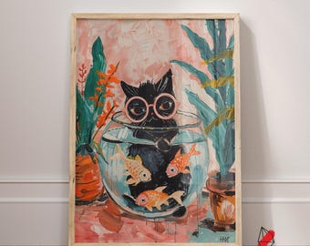 Matisse Cat Goldfish Art Print: Funny Black Cat Poster