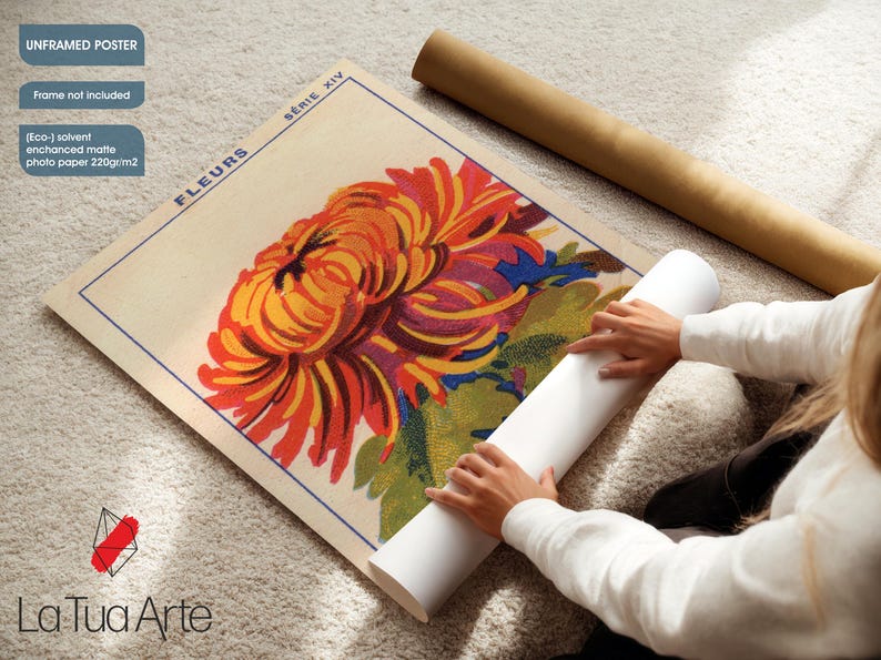 Puede incluir: Un p&oacute;ster sin marco con una vibrante ilustraci&oacute;n floral con p&eacute;talos naranjas, amarillos y rojos. El p&oacute;ster incluye el texto "FLEURS" y "SERIE XIV". El p&oacute;ster est&aacute; impreso en papel fotogr&aacute;fico mate mejorado.