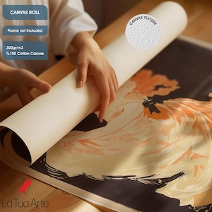 May include: A rolled canvas print with a vintage illustration in orange and black hues. The canvas is marked as 300 g/m2, 100% cotton, and the text "Canvas Roll" is present. The artwork is being unrolled, revealing the print's details and texture.