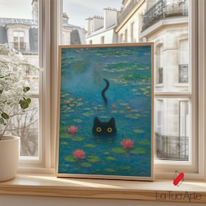 Funny Black Cat Water Lily Poster, Monet Cat Art Print, Monet Wall Art, Black Cat Art, Cat Lover Gift, Water Lily Art, Cute Cat Poster