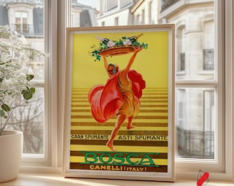 May include: Vintage poster advertising Bosca Canelli Asti Spumante wine. A woman in a red dress carries a tray of wine bottles with grapes and vines. The poster has a yellow background with black and white stripes.