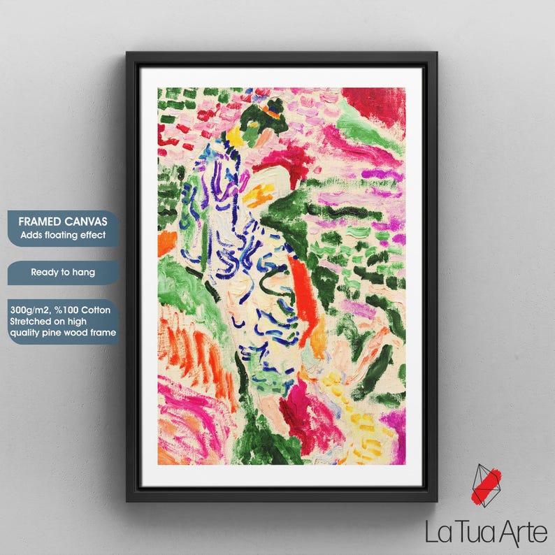 May include: Framed canvas art print featuring a colorful abstract painting with a black frame. The artwork displays a figure with blue, green, red, and pink brushstrokes. The canvas is stretched on a high-quality pine wood frame.