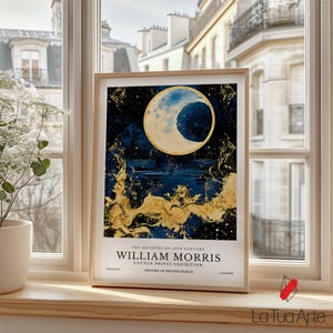 William Morris Celestial Moon Poster Art Print, William Morris Night Sky Wall Art, Gold Abstract Canvas, Large Wall Decor, Full Moon Print