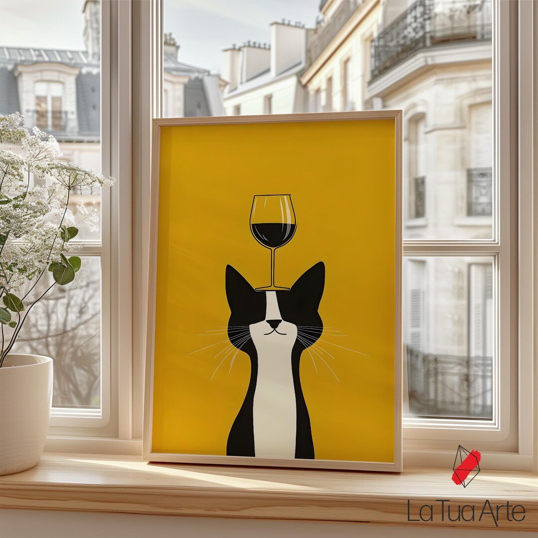 Funny Cat With Wine Glass Art Print: Modern Yellow Wall Decor - Etsy