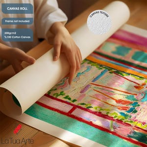 May include: A rolled canvas print with a colorful abstract painting. The canvas is labeled "CANVAS ROLL" and "Frame not included." The canvas is 300gr/m2 and 100% cotton. The artwork features a textured surface and vibrant colors. The brand name "La Tua Arte" is visible.