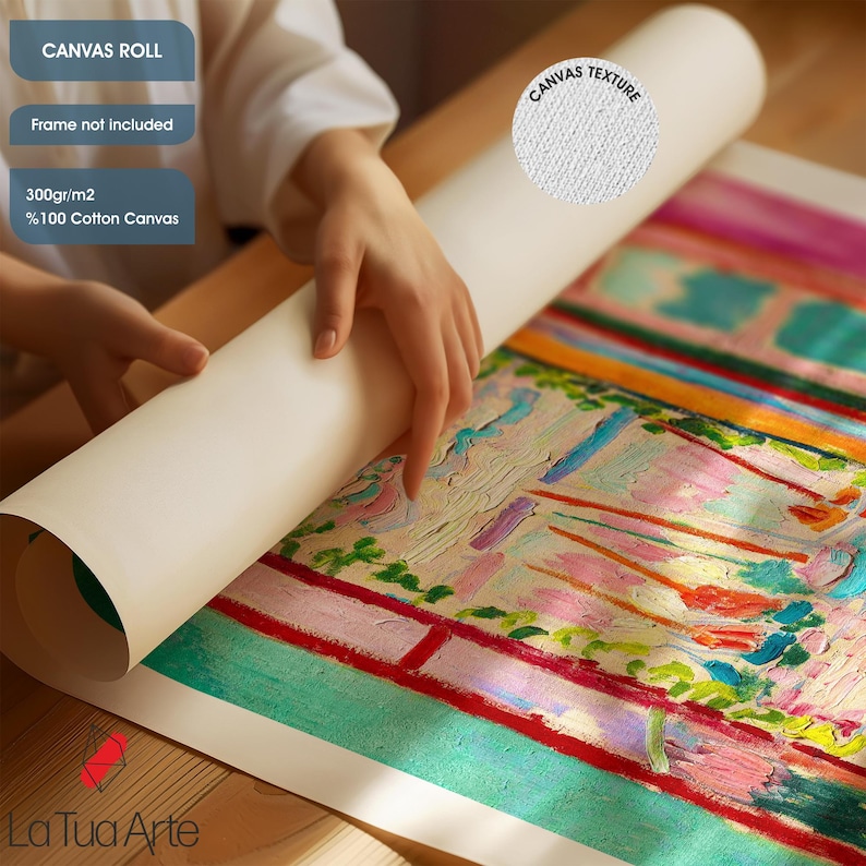 May include: A rolled canvas print with a colorful abstract painting. The canvas is labeled "CANVAS ROLL" and "Frame not included." The canvas is 300gr/m2 and 100% cotton. The artwork features a textured surface and vibrant colors. The brand name "La Tua Arte" is visible.
