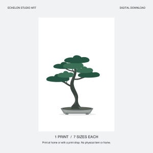 May include: A digital art print featuring a stylized dark green bonsai tree with a curved trunk in a gray rectangular pot. The text ECHELON STUDIO ART, DIGITAL DOWNLOAD, and 1 PRINT / 7 SIZES EACH are visible on the white background.