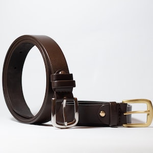Cinturón de cuero marrón, herrajes de acero inoxidable o latón, 1,1 pulgadas (30 mm)