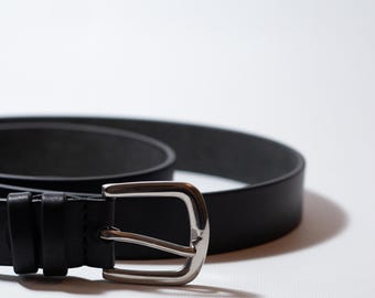 Black Leather Belt, Stainless Steel or Brass Hardware, 1.1 inches (30mm)