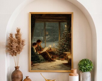 May include: A framed print of a couple reading by candlelight in a cozy room with a Christmas tree. The artwork has a gold frame and is displayed on a wooden shelf with decorative vases and a gold bird figurine. The scene depicts a snowy winter landscape.