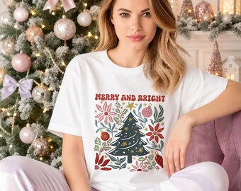 Merry and Bright Christmas Tree Shirt,Christmas Happy Holiday Sweater,Kids Christmas Tees,Holiday Party Shirts,Retro Floral Teacher Gift