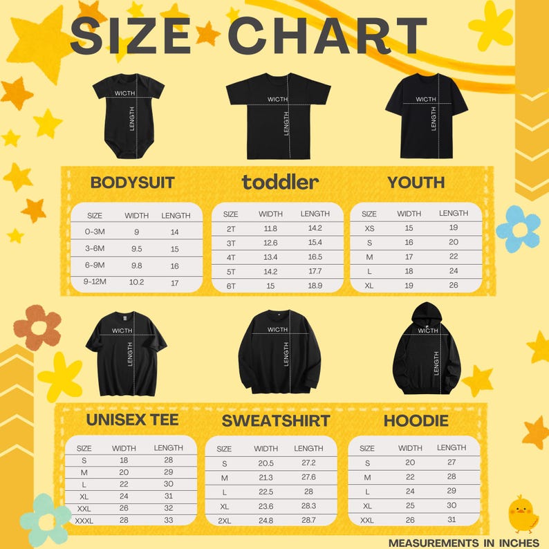 Puede incluir: Una tabla de tallas para bodies, ni&ntilde;os peque&ntilde;os, j&oacute;venes, camisetas unisex, sudaderas y sudaderas con capucha. La tabla muestra las medidas en pulgadas para cada talla, incluyendo ancho y largo. El texto "SIZE CHART" est&aacute; en la parte superior.
