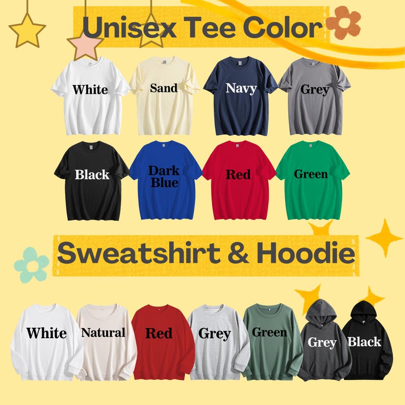 Puede incluir: Una exhibici&oacute;n de camisetas y sudaderas unisex de varios colores. Las camisetas est&aacute;n disponibles en blanco, arena, azul marino, gris, negro, azul oscuro, rojo y verde. Las sudaderas y sudaderas con capucha se muestran en blanco, natural, rojo, gris, verde y negro.
