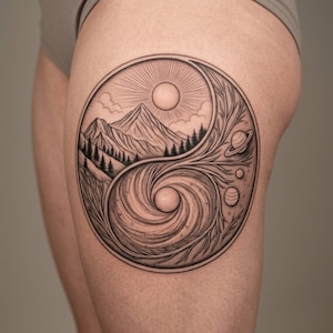 Op de afbeelding: Een zwart-wit Yin en Yang tattoo ontwerp. De bovenste helft toont een bergketen met een zon en wolken. De onderste helft heeft een wervelend vortex ontwerp met planeten en takken.