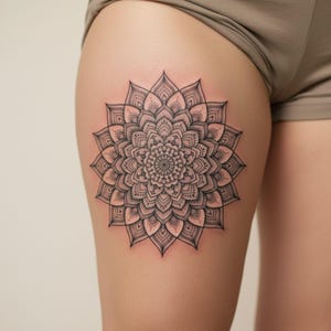 May include: A detailed black and grey mandala tattoo design on the thigh. The intricate pattern features a central circular design surrounded by layered, petal-like shapes, creating a symmetrical and ornate floral pattern. The tattoo is a form of body art.